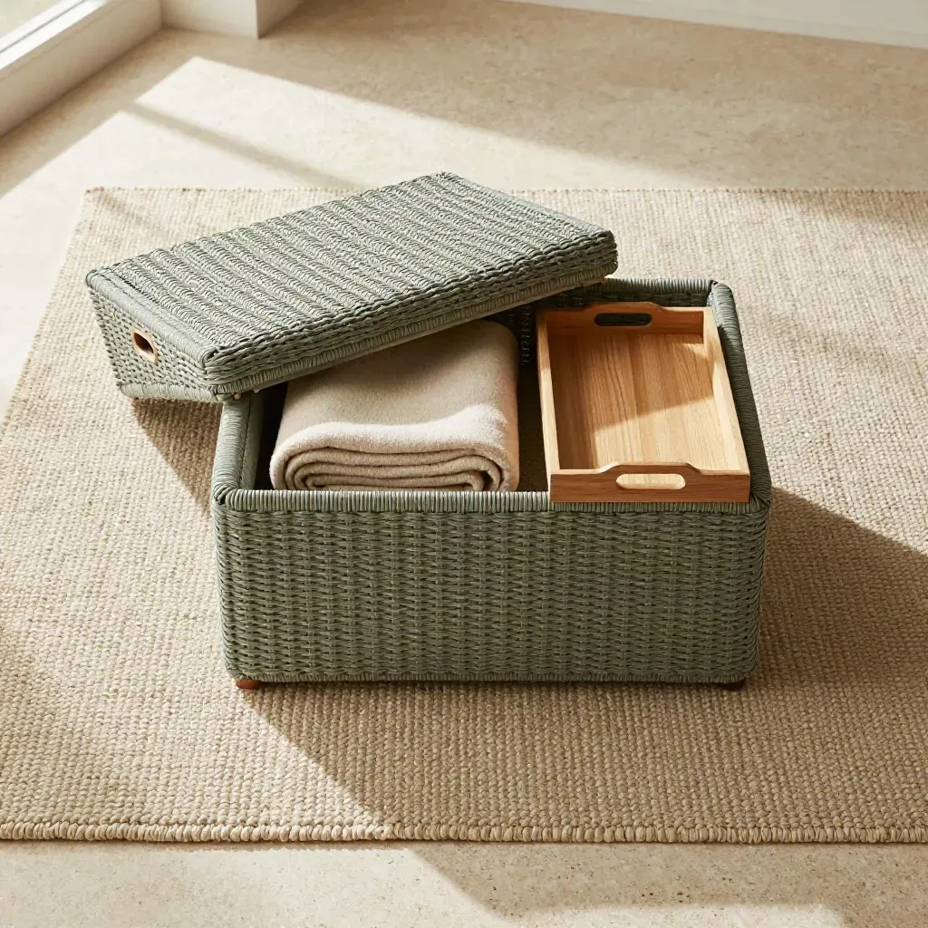 Sage storage ottoman half-open with blanket and tray on a wool rug, overhead.