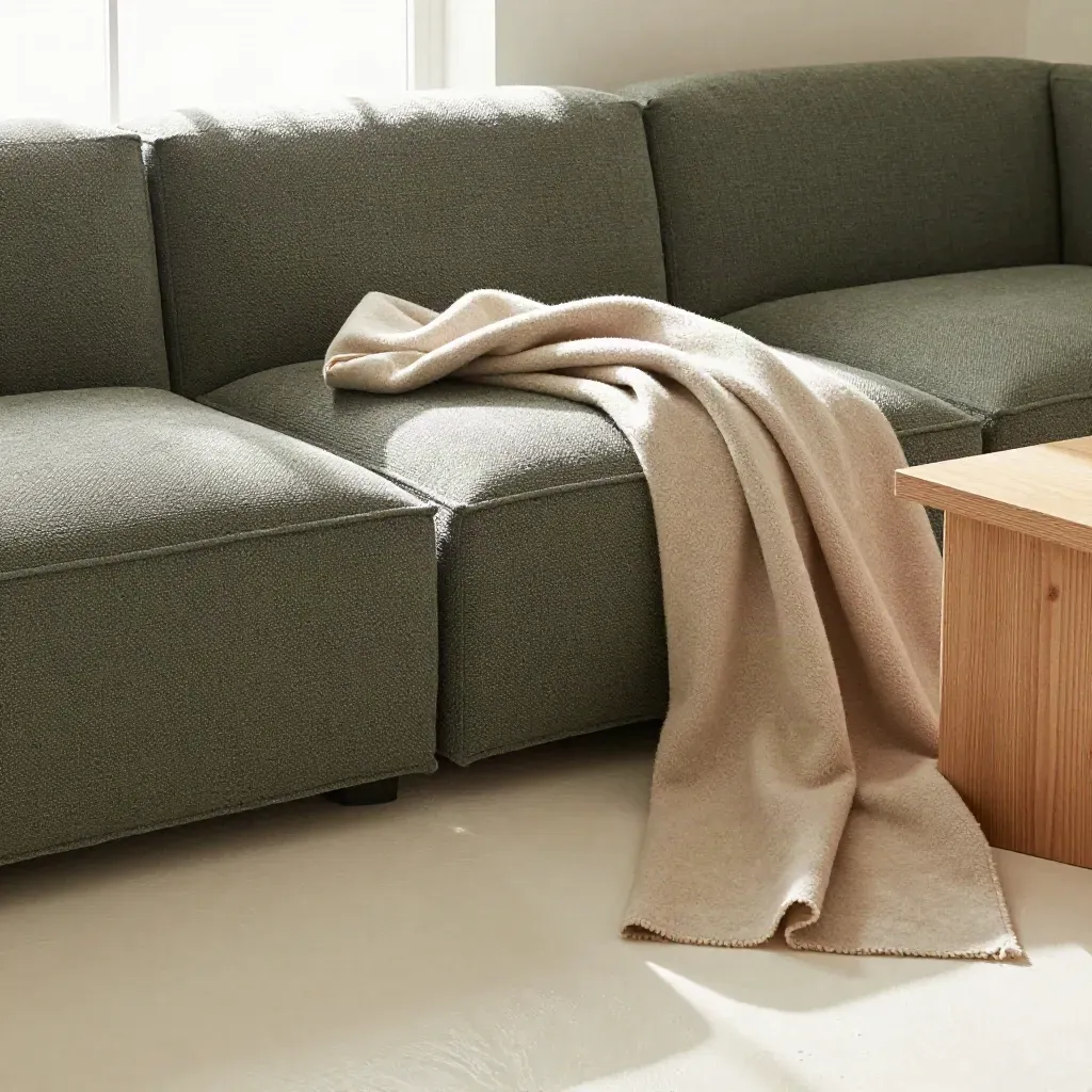 Macro of sage modular sofa weave, ottomans, oak table and throw in bright window light
