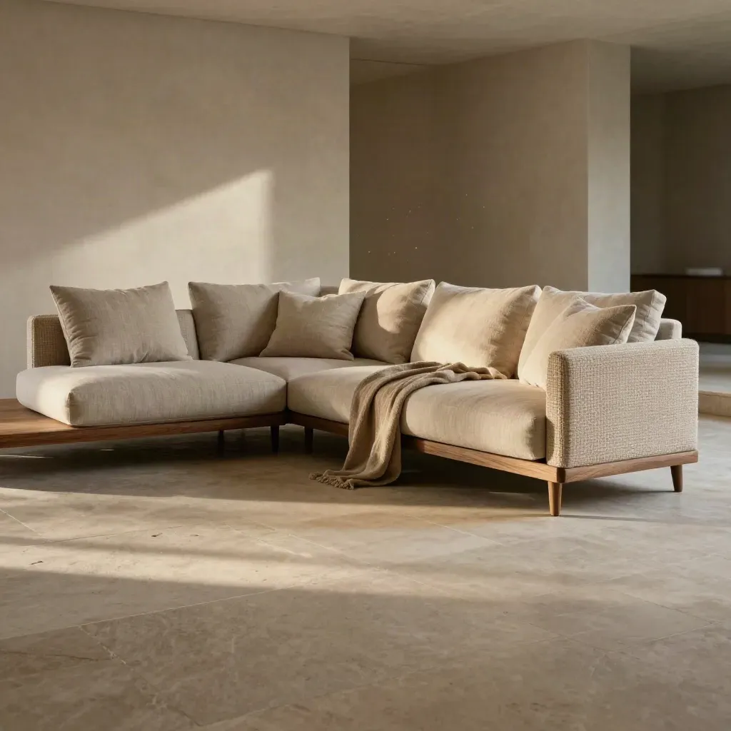 Oatmeal corner sofa in a sunlit stone-and-oak room with a calm floor below.